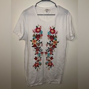 Umgee White Shirt Dress with Embroidered Flowers